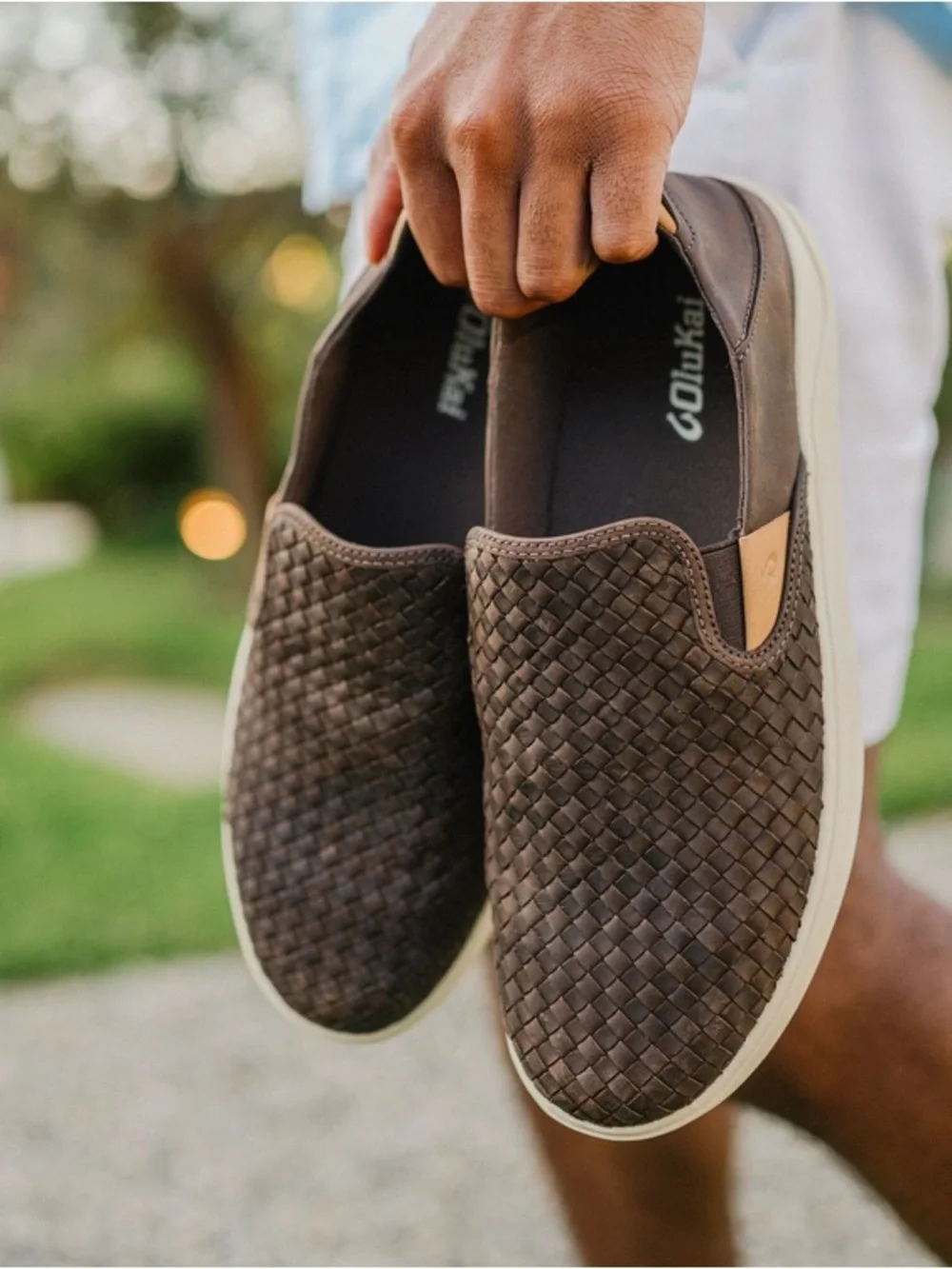 OluKai Lae‘ahi Lauhala Woven Leather Shoes Dark Java Mens Size 14 EUR 47